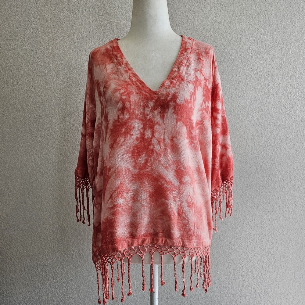 NWT Dairi Fringed Tie-dye Coral V-Neck Top Blouse